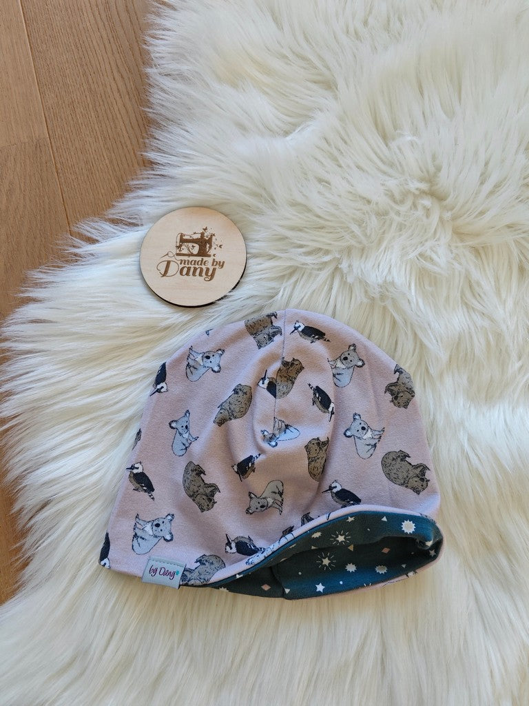 Wendemütze Quala,Vogel...altrosa, Sterne, Sonne... grau ca. 53-55