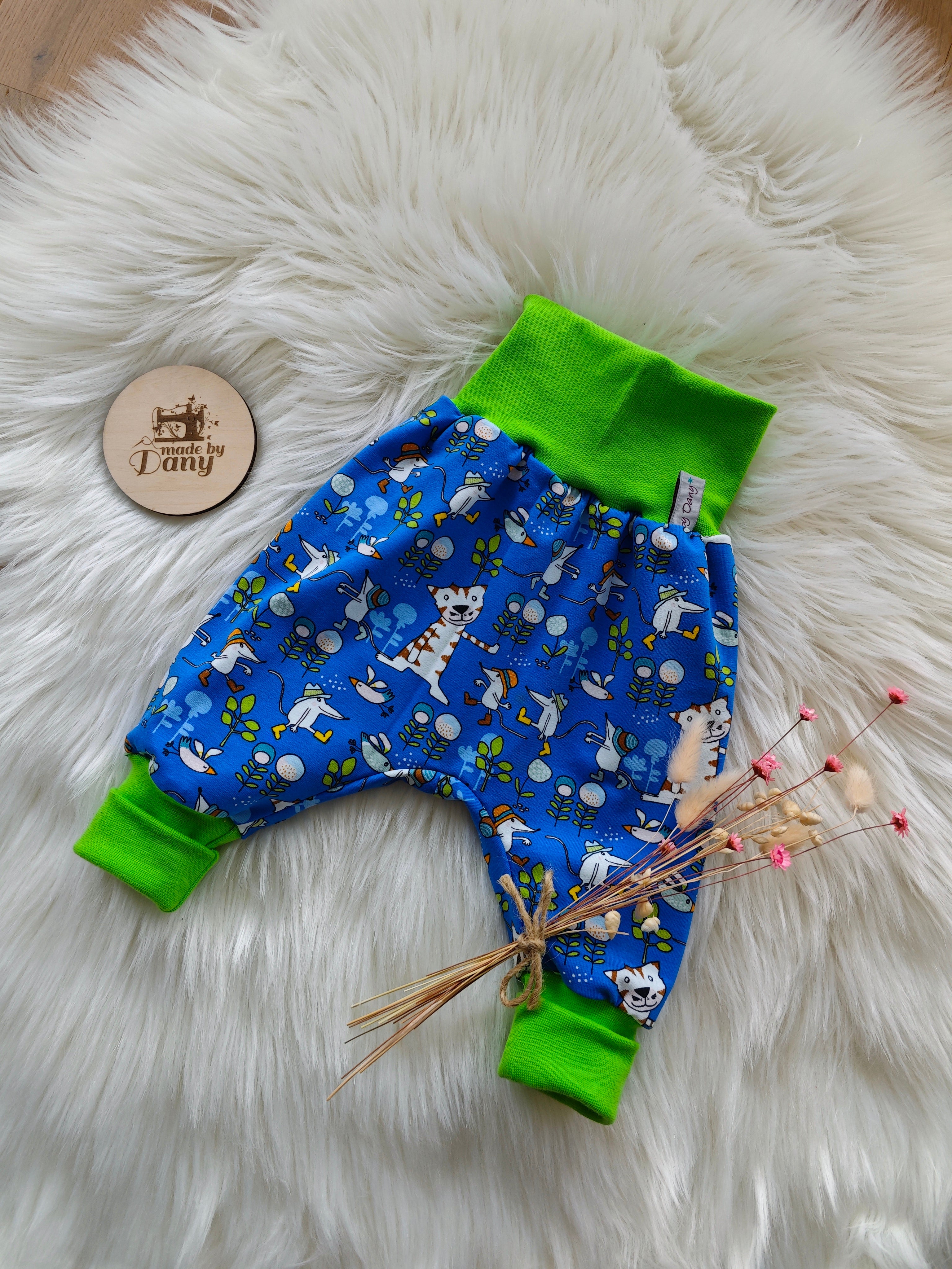 Pumphosen lang Katze, Maus und Blumen blau 62/68