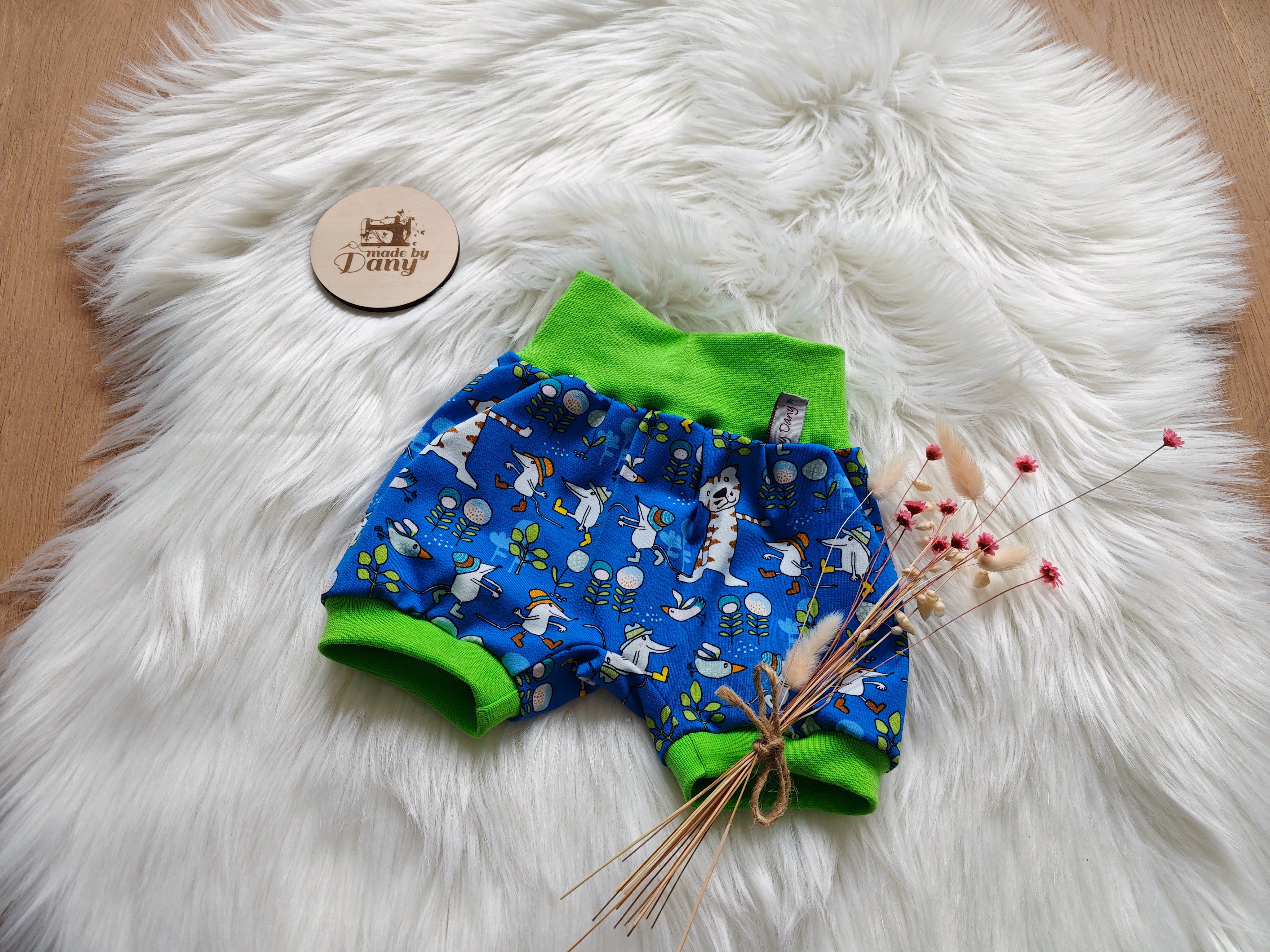 Pumphosen Kurz Katze, Maus und Blumen blau 68/74