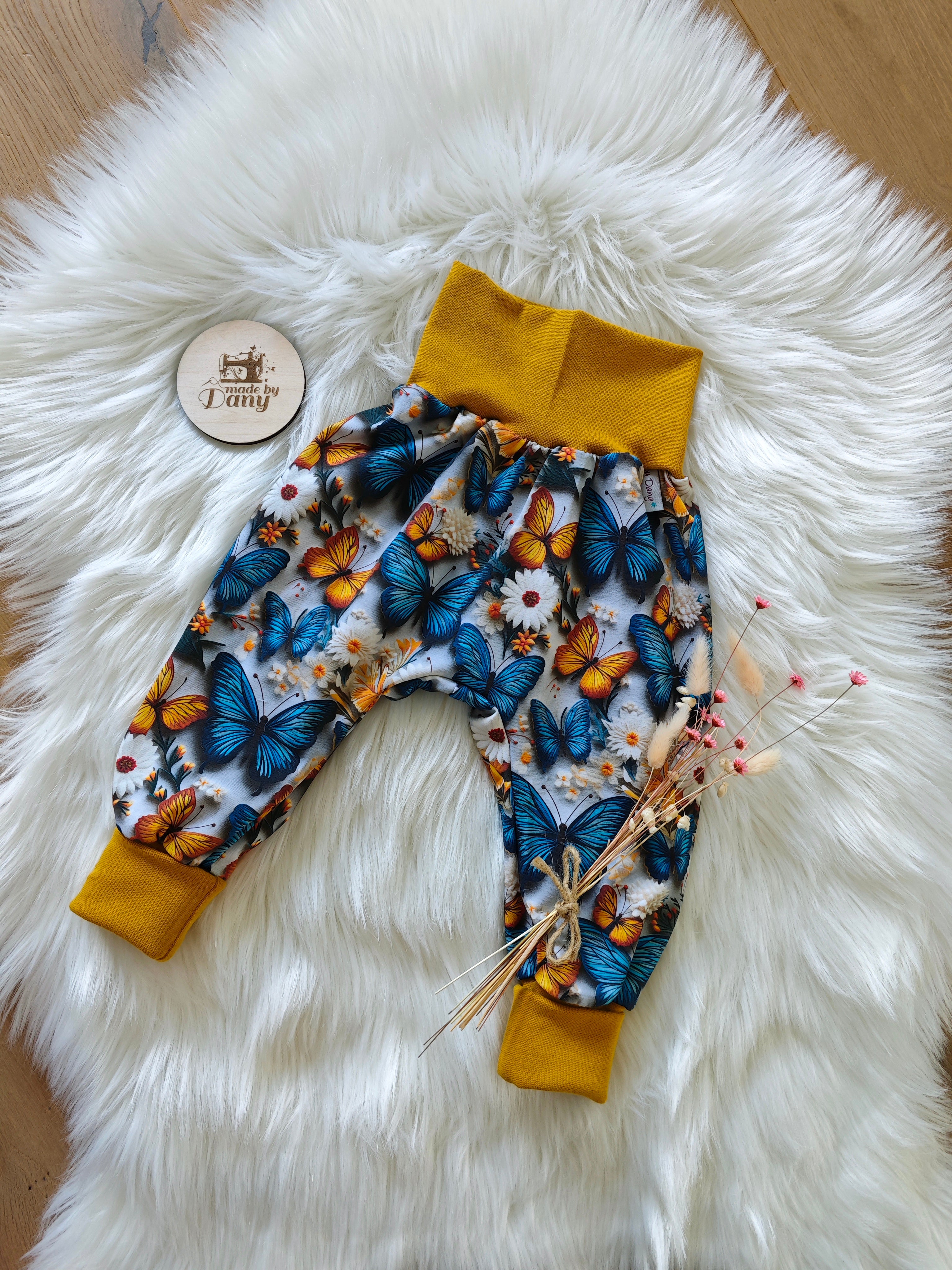 Pumphosen lang Schmetterling, Blumen blau, gelb 86/92