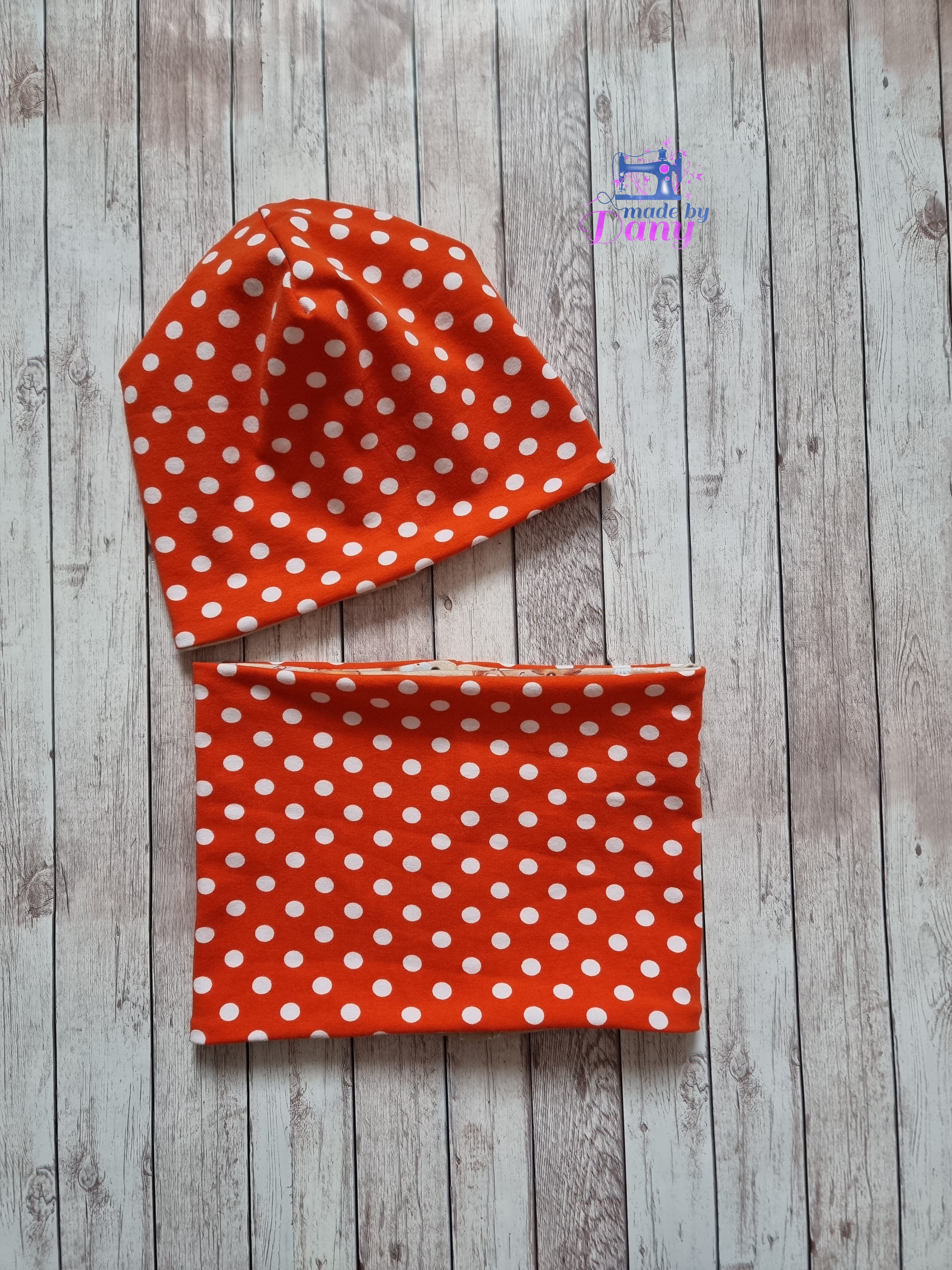 Beanie & Loop Mauseli, weiss Punkte auf orange Loop ca. 46cm / Beanie ca. 46-48cm