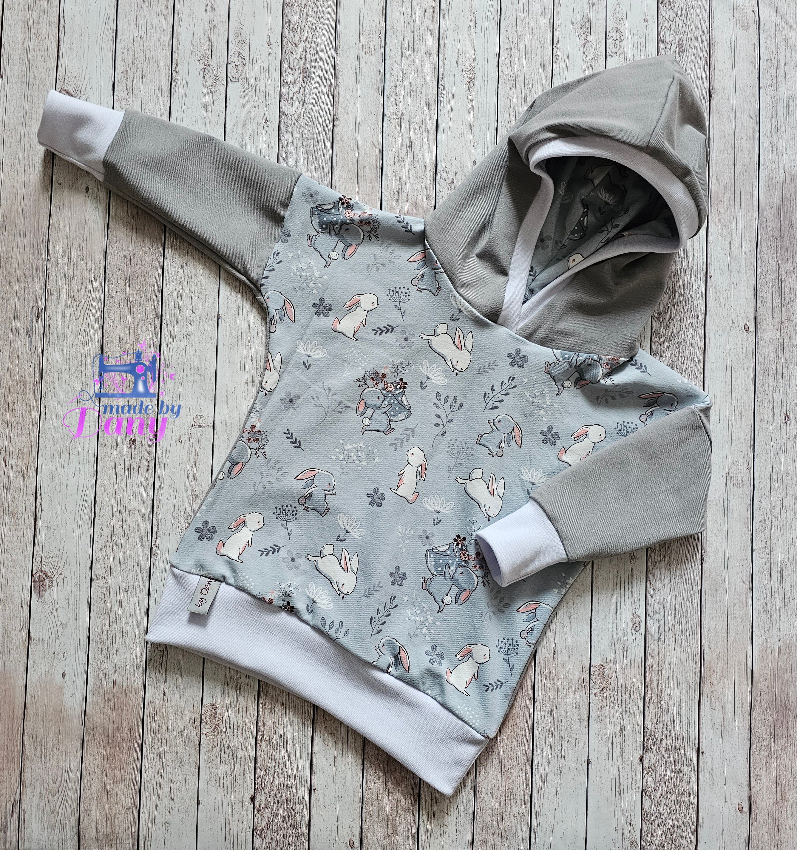 Kapuzenpullover sweet Animals, Hasen, Blümchen, Blätter - blaugrau 80