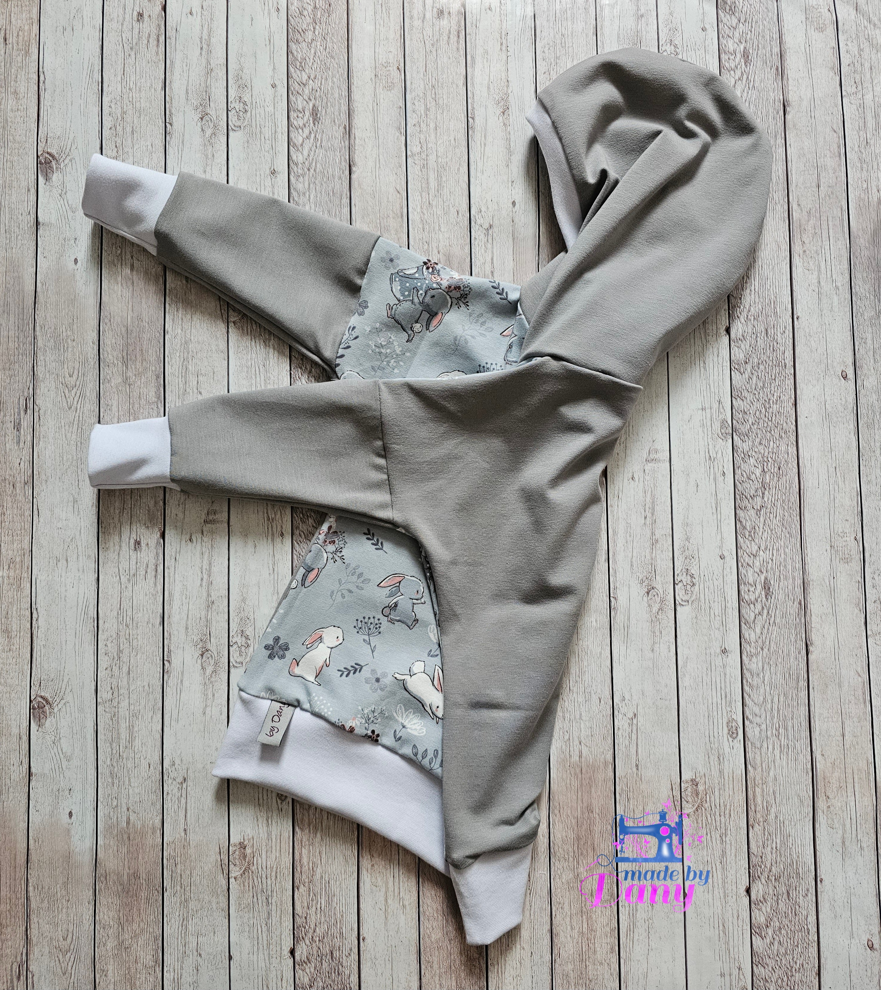 Kapuzenpullover sweet Animals, Hasen, Blümchen, Blätter - blaugrau 80