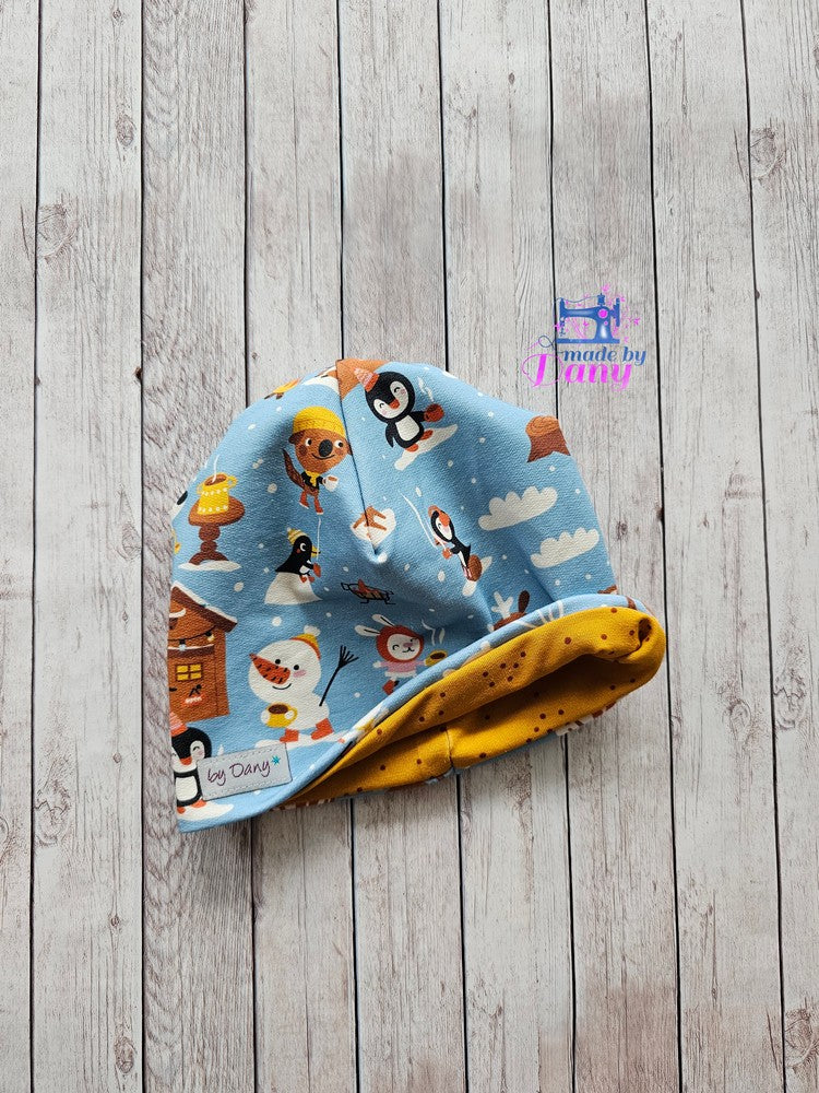 Wendebeanie Hot Chocolat hellbau, braune punkte auf ocker ca. 43-45 cm