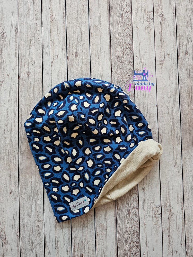 Wendebeanie Panter blau, sand mit goldigen Fäden ca. 50 cm