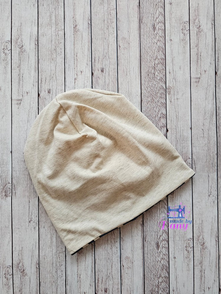 Wendebeanie Panter blau, sand mit goldigen Fäden ca. 50 cm