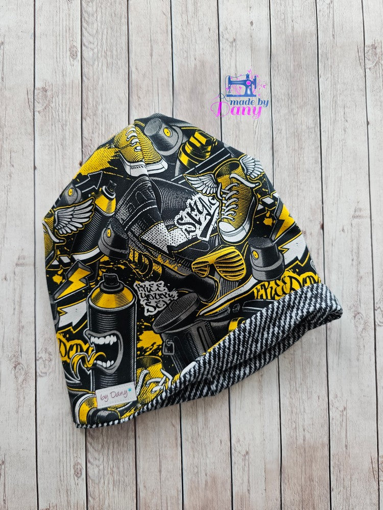 Wendebeanie Street Style gelb, Jeansoptik schwarz ca. 54 cm