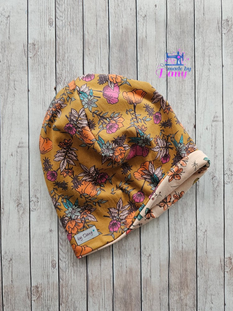 Wendebeanie Boom Senf Blossom by brinarina, Sommergarten apricot ca. 54 cm