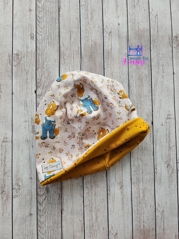 Wendemütze Fuchsgeschwister rosa, braune punkte auf ocker ca. 47-49 cm