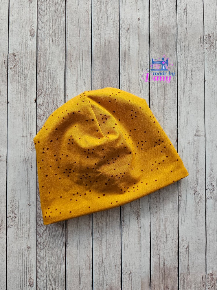 Wendemütze Fuchsgeschwister rosa, braune punkte auf ocker ca. 47-49 cm