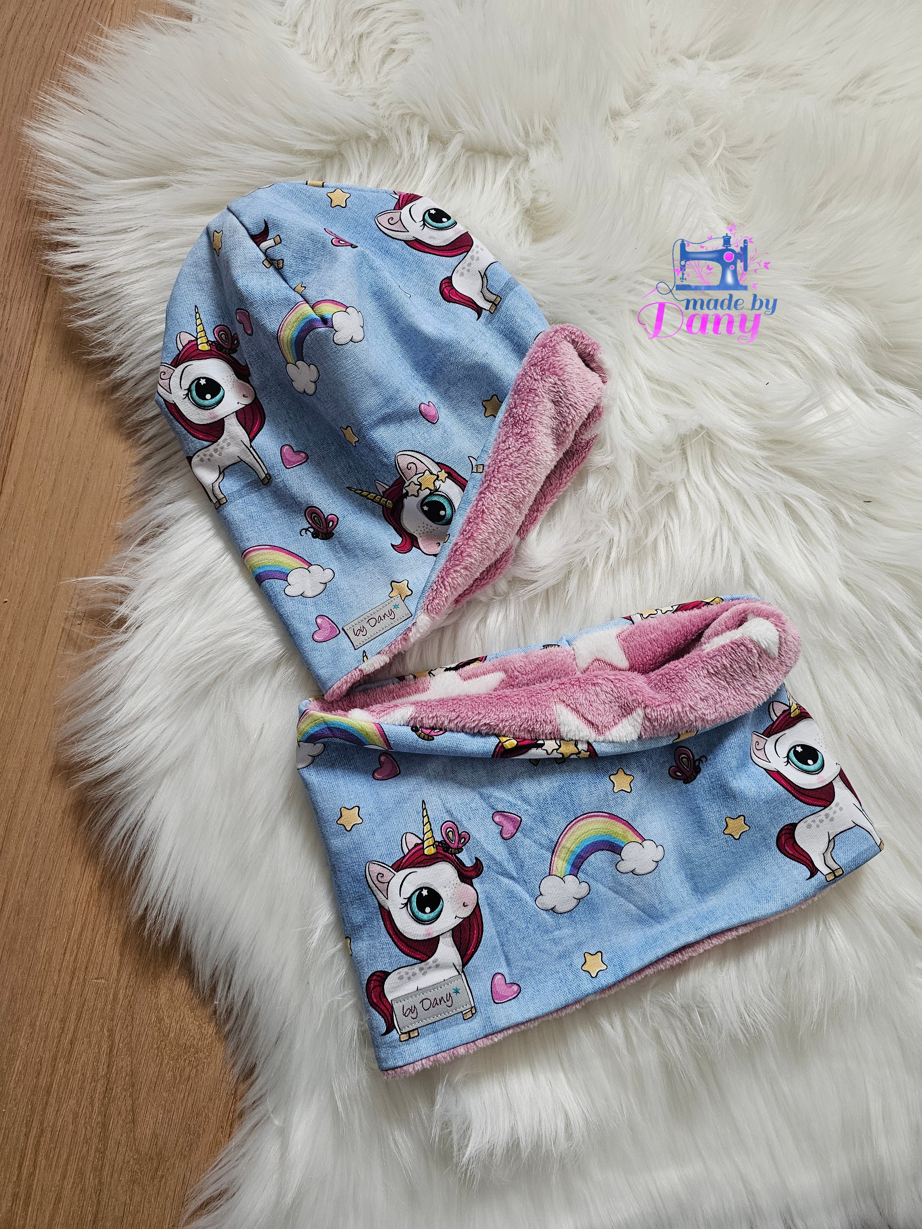Beanie & Loop Einhorn Regenbogen Jeans hellblau Loop ca. 52cm / Beanie ca. 52cm