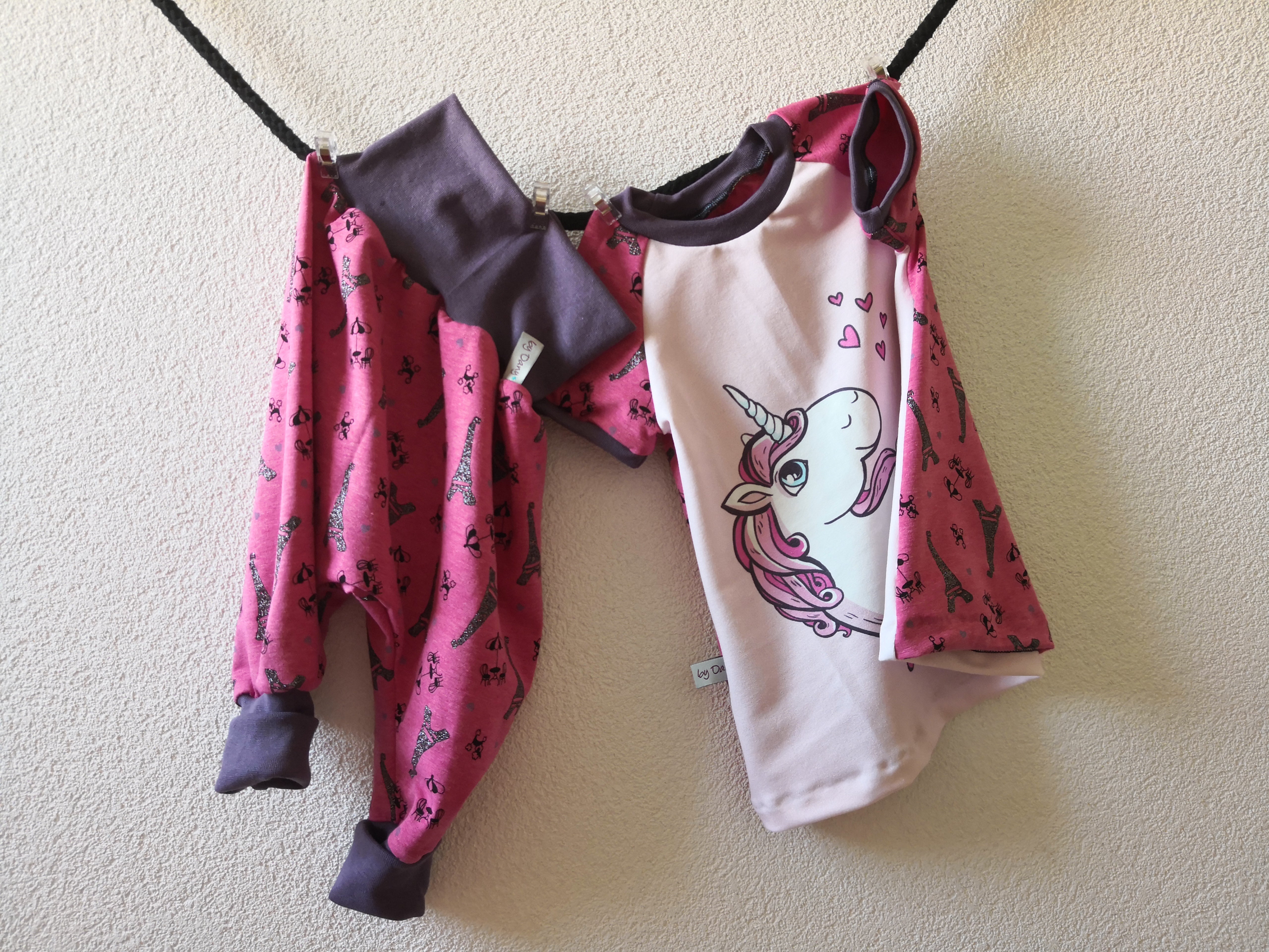 Set Einhorn pink & Eifelturm pink 1x Pumphose lang (80/86) & 1x Tunika kurz Arm (80)