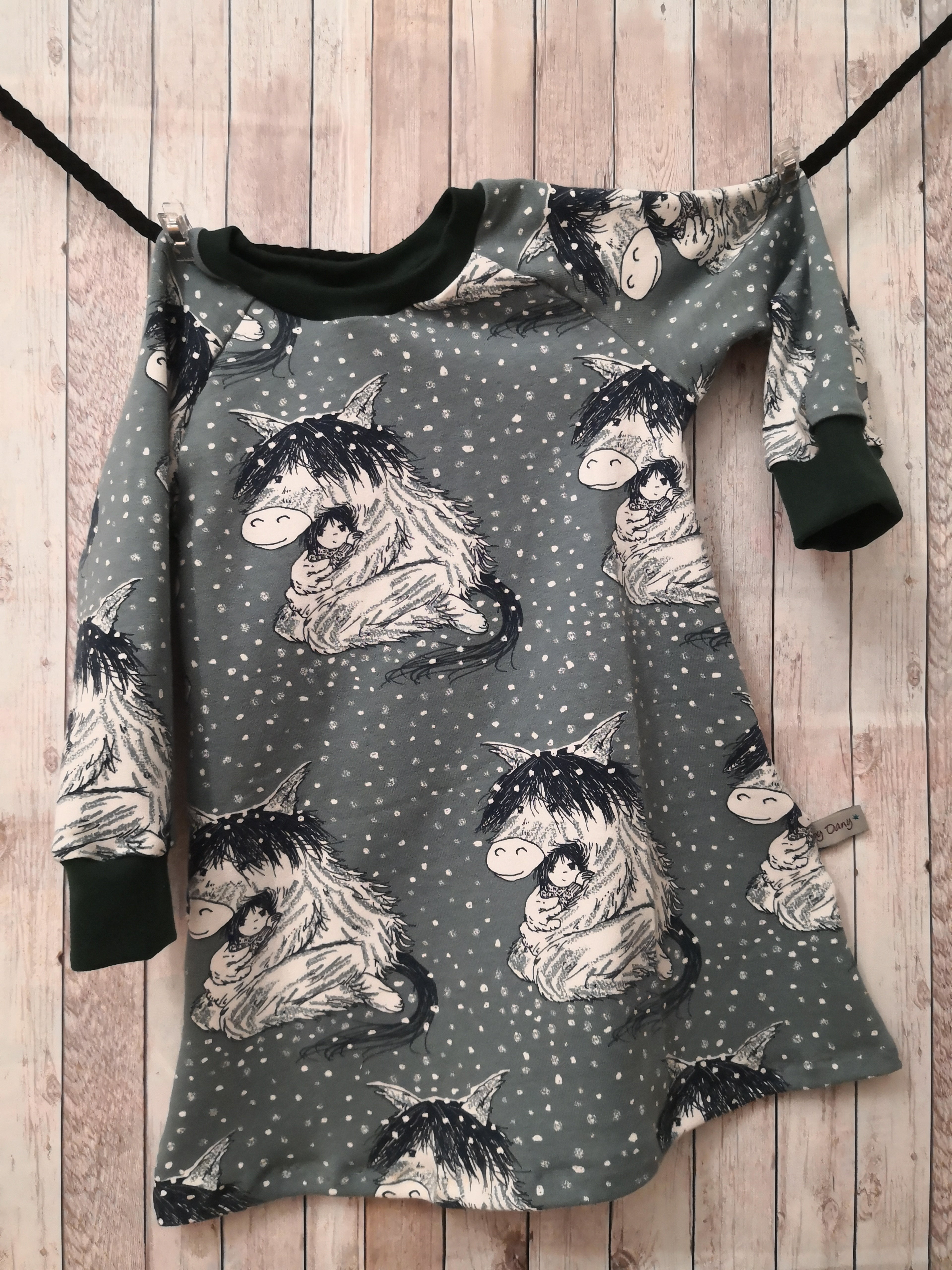 Kleid lang Arm Pferd mit Mädchen petrol 92