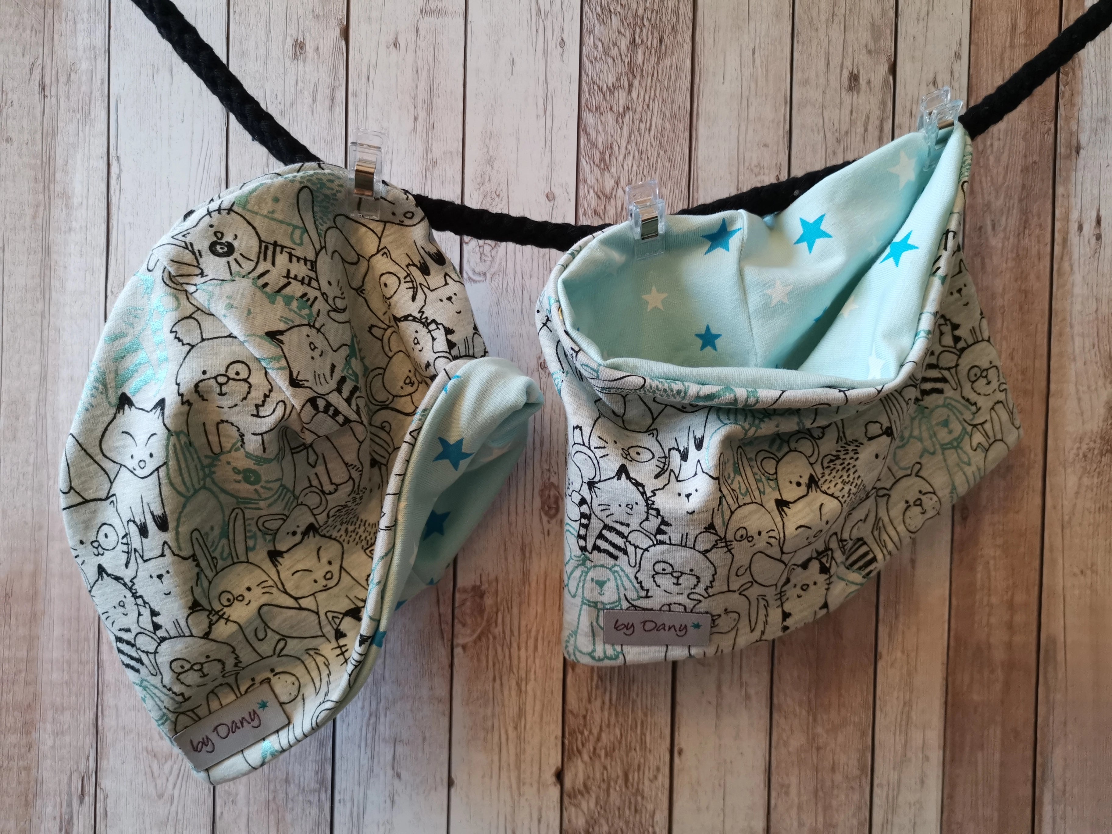 Beanie & Loop Tierbande mit glitzer mint Loop ca. 40cm / Beanie ca. 39-42 cm