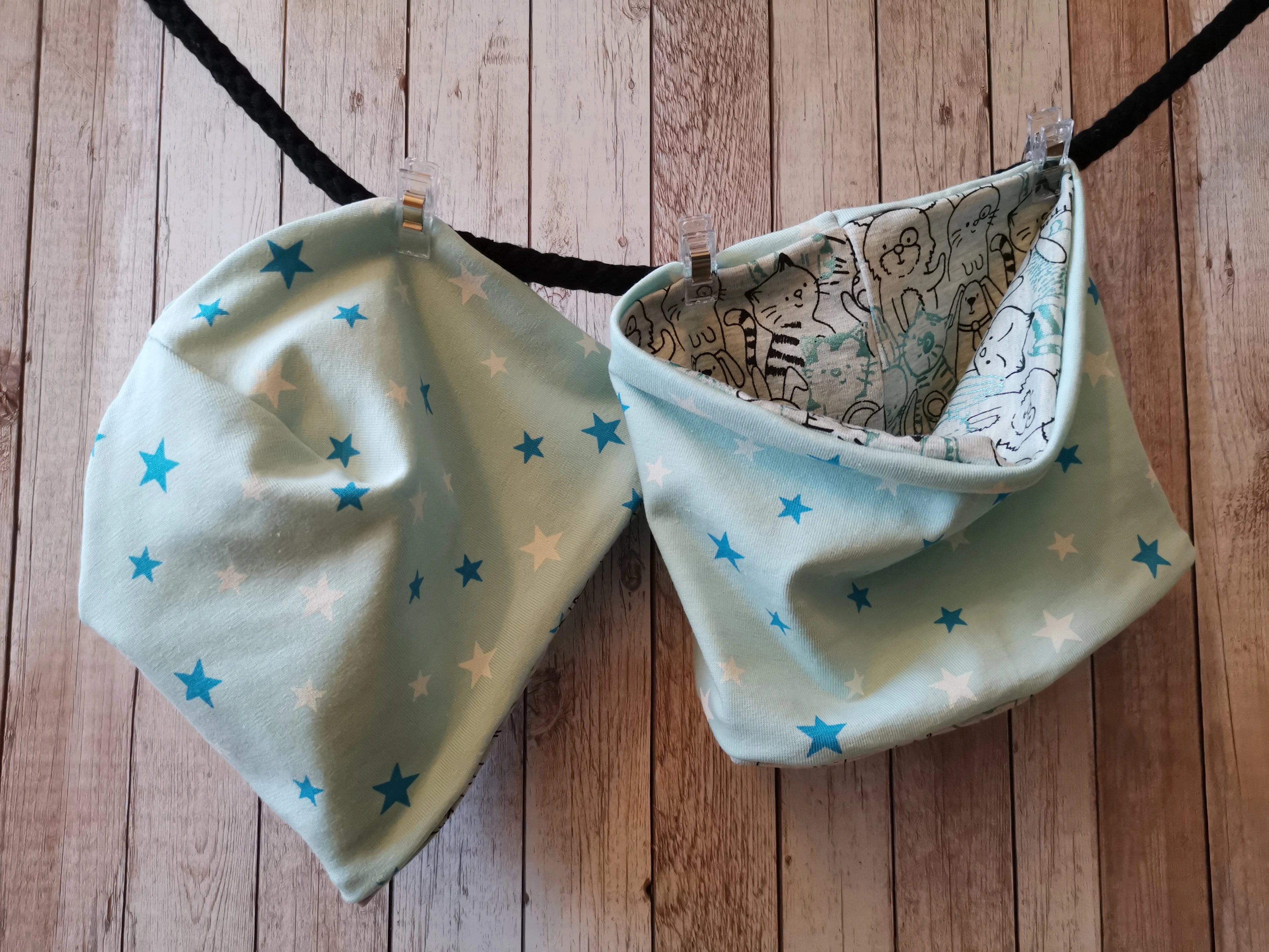 Beanie & Loop Tierbande mit glitzer mint Loop ca. 40cm / Beanie ca. 39-42 cm