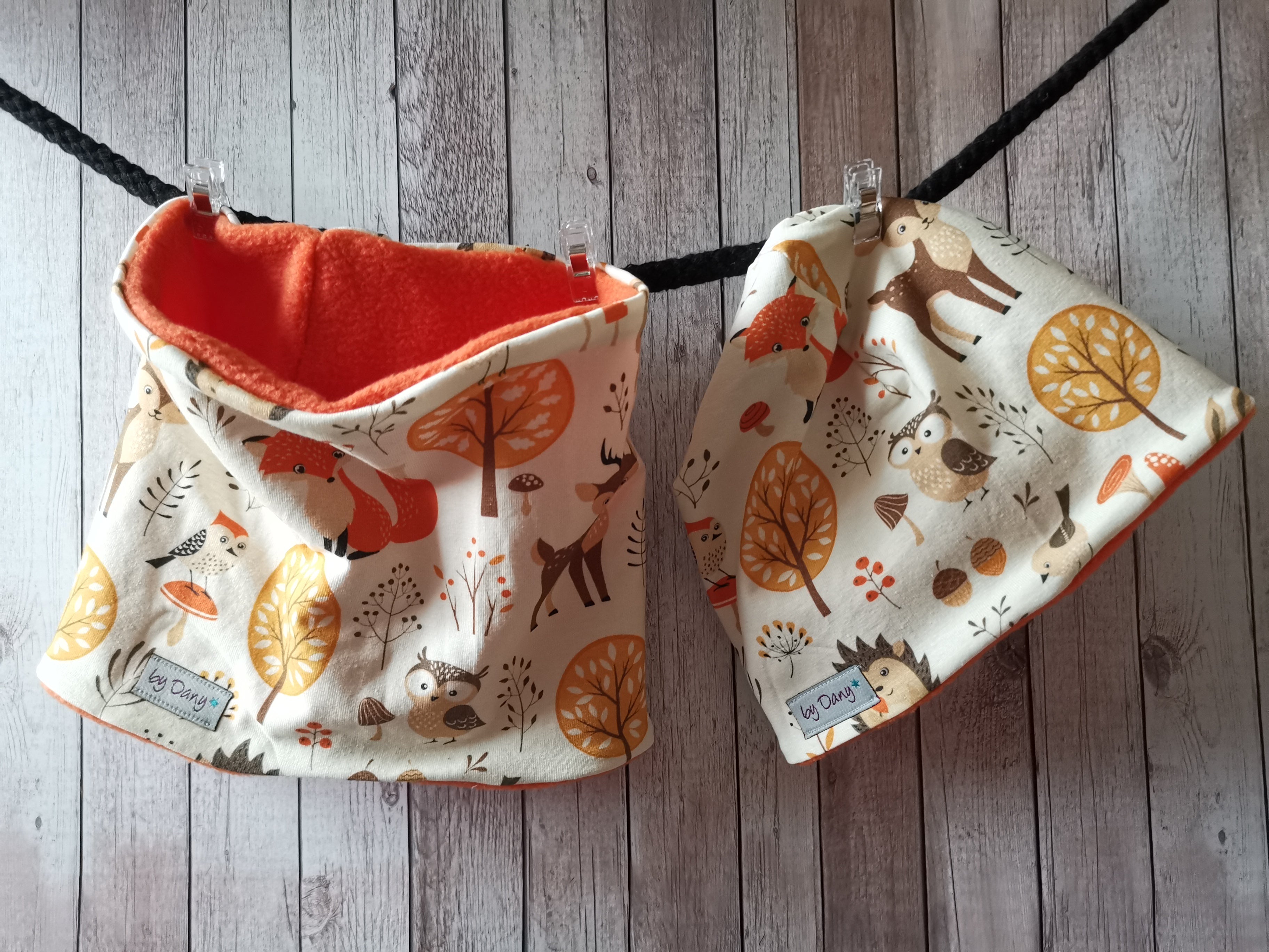 Mütze & Loop Waldtiere beige, orange Loop ca. 44cm / Mütze ca. 44-46 cm