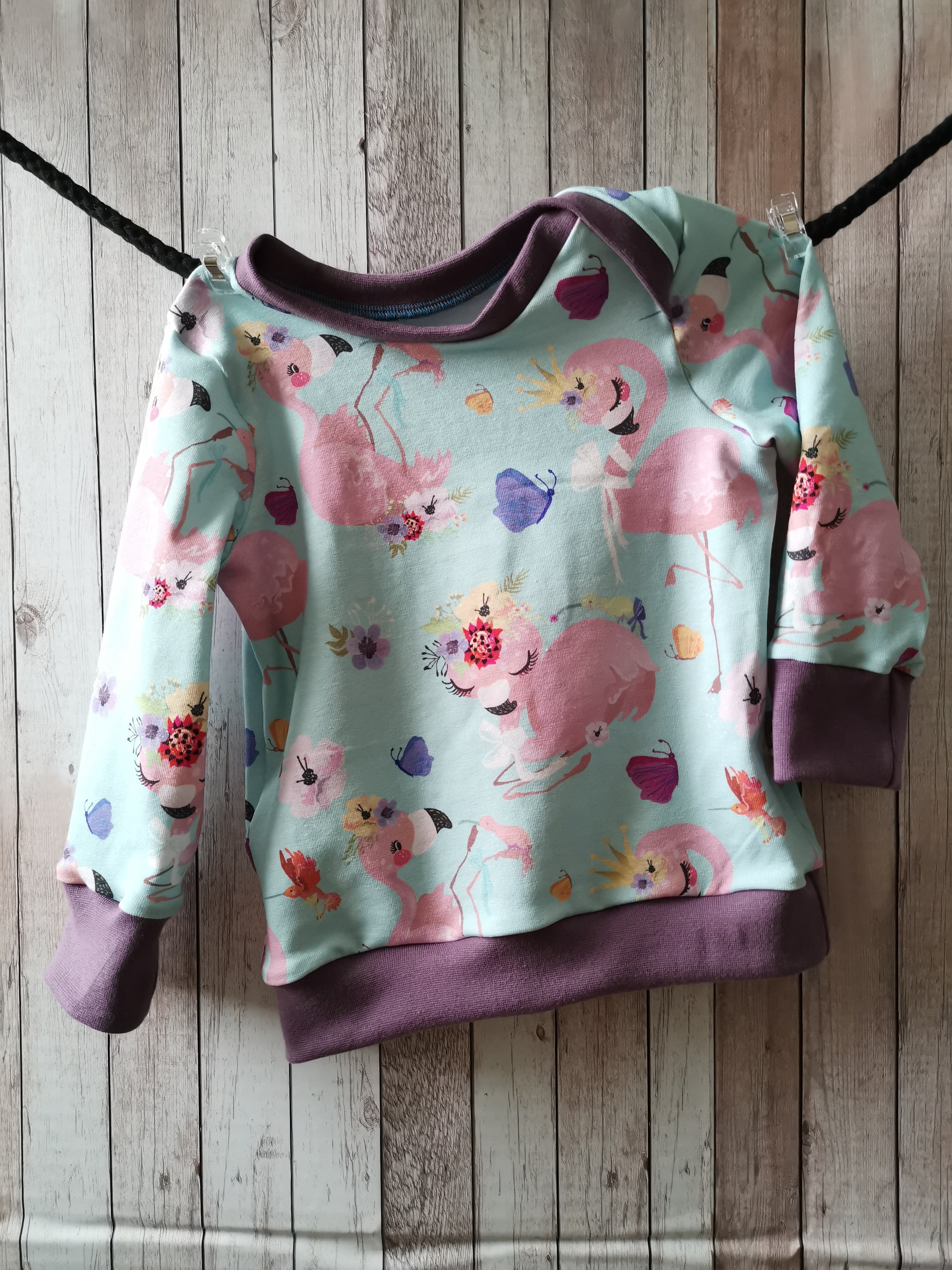 Pullover Spezial Ausschnitt Flamingo flowers helltürkis 80