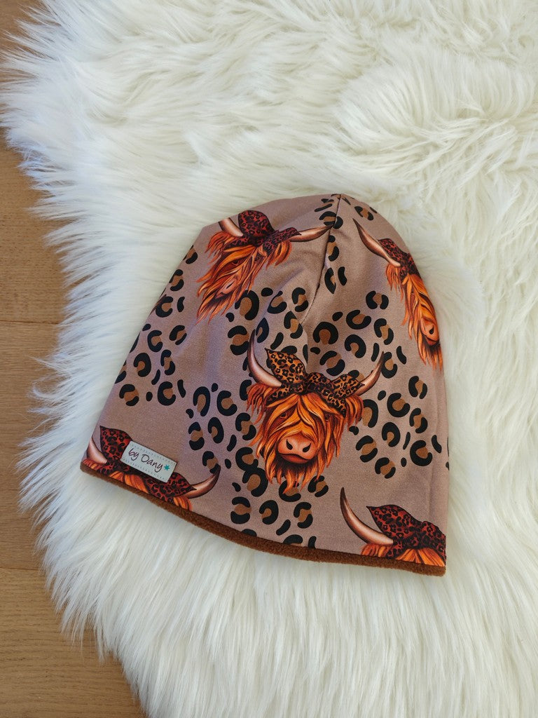 Beanie innen gefüttert Hochlandrind mit Masche braun ca. 54 cm