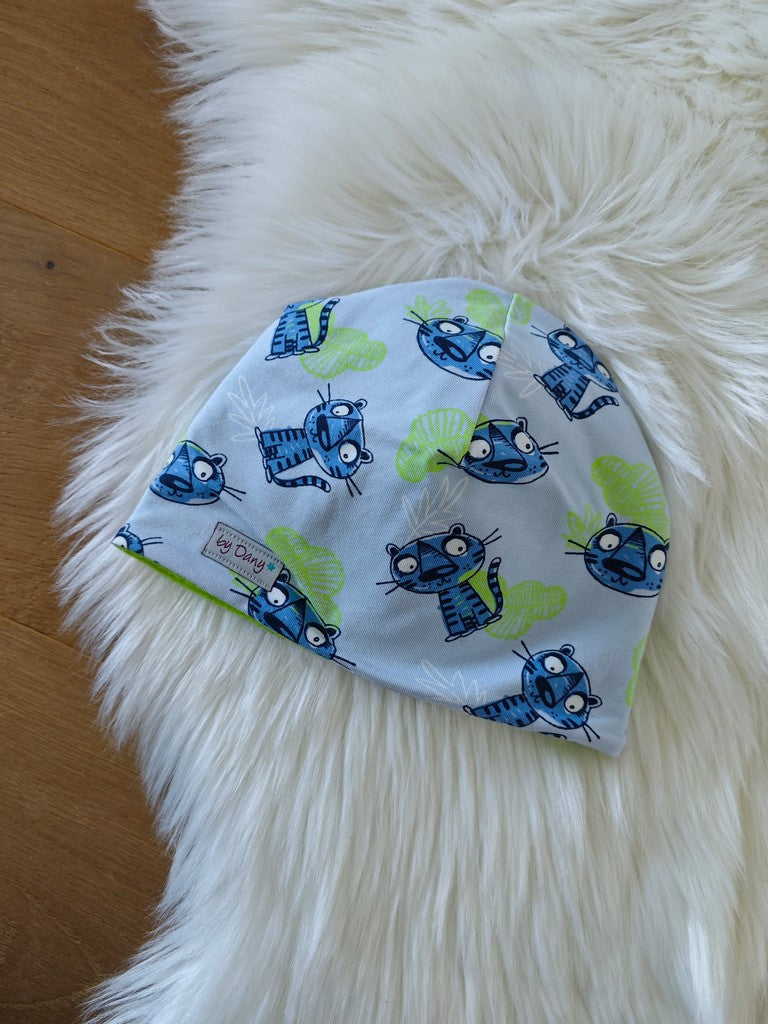 Mütze innen gefüttert blauer Tiger ca. 50-52 cm