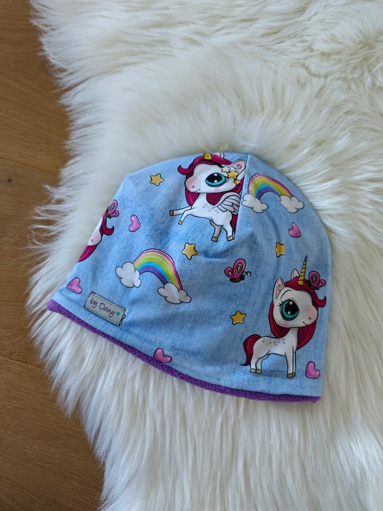 Mütze innen gefüttert Einhorn Regenbogen Jeans hellblau ca. 53-55