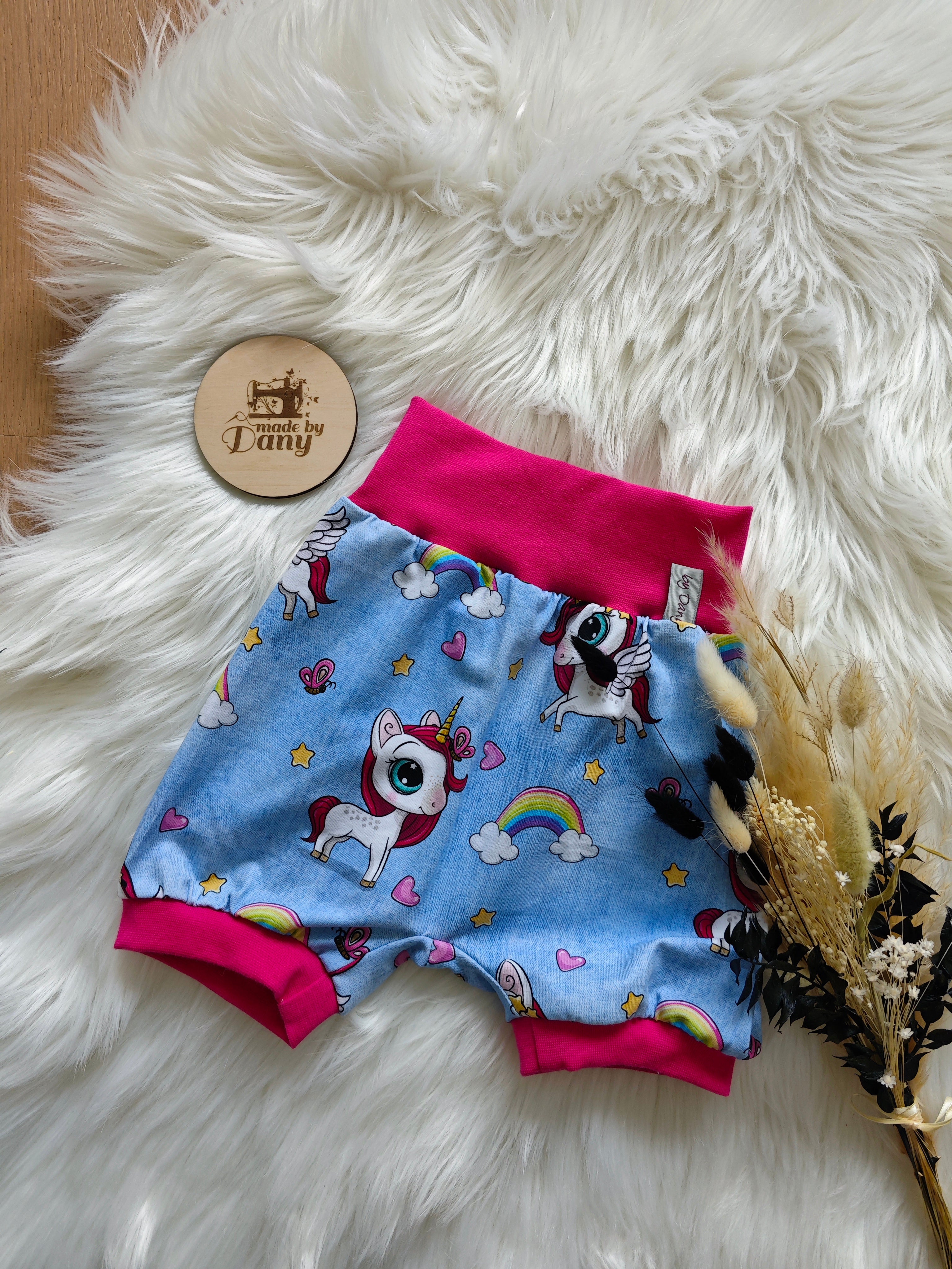 Pumphosen Kurz Einhorn Regenbogen Jeans hellblau 110/116