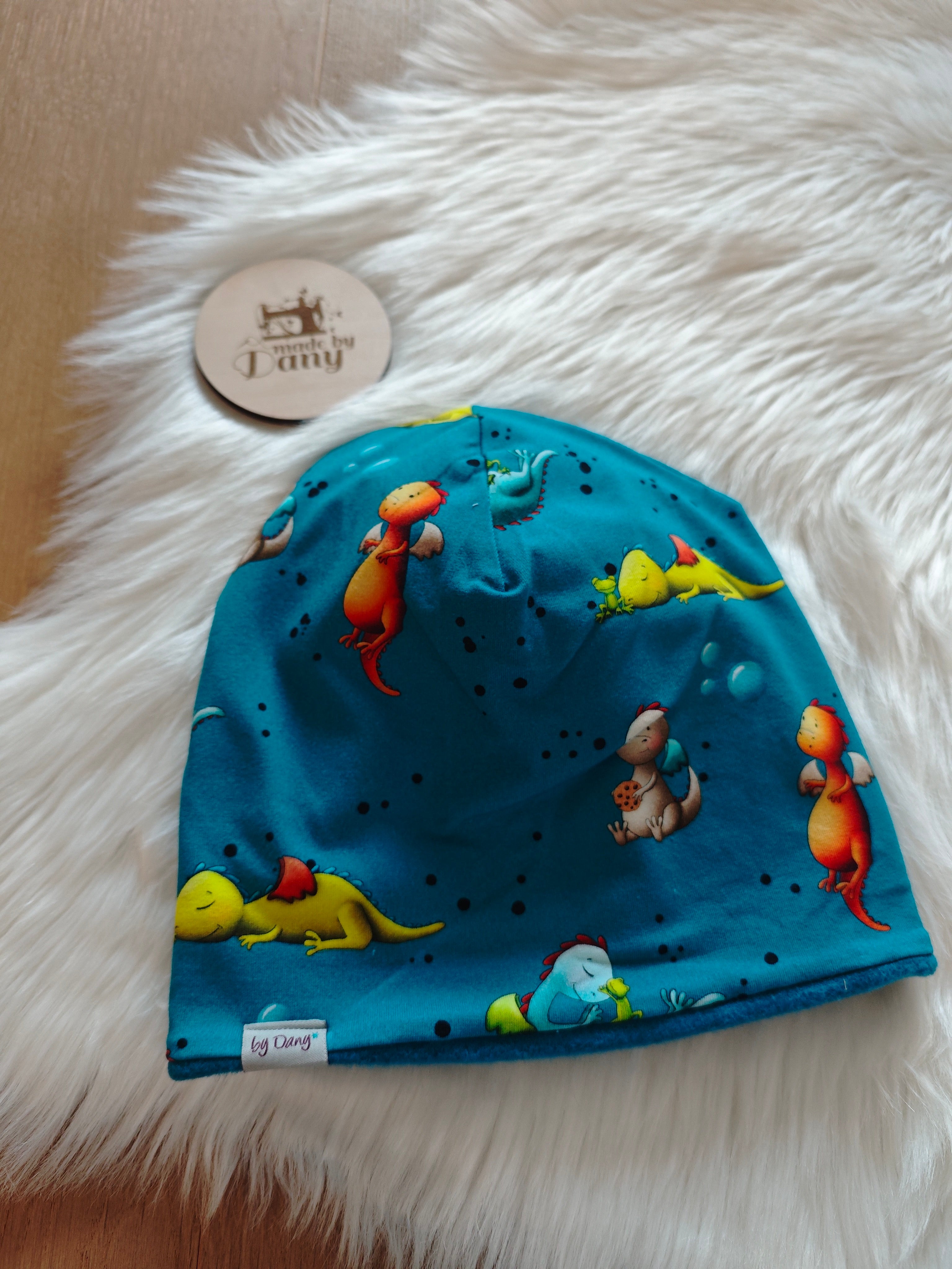 Beanie innen gefüttert süsser Drache petrol ca. 54 cm