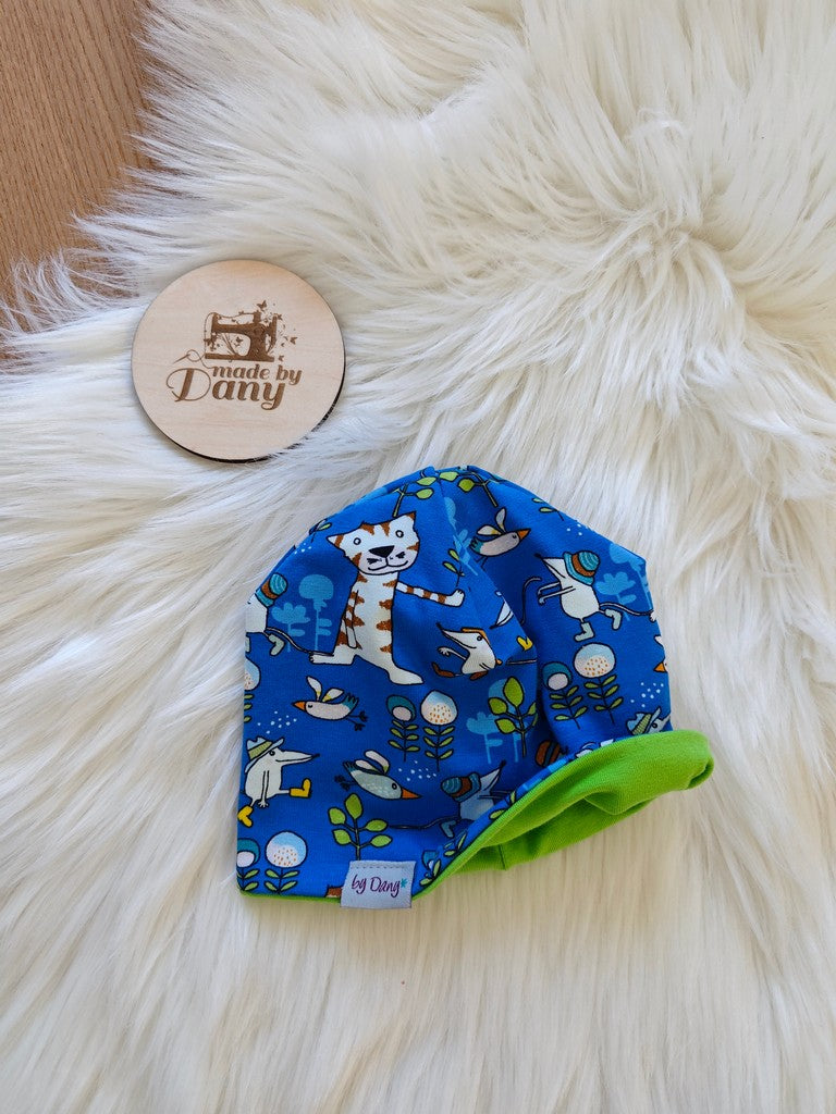 Wendebeanie Katze, Maus und Blumen blau ca. 39-42 cm
