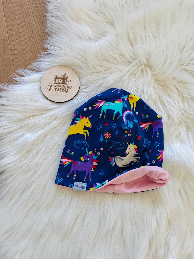 Wendebeanie bunte Einhörner auf blau, rosa ca. 50-52 cm