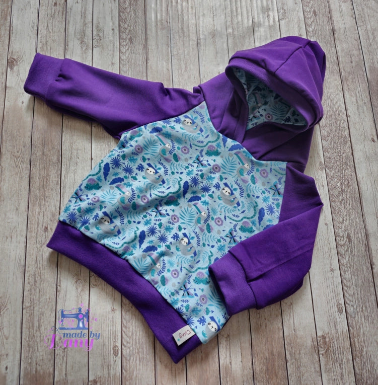 Set Faultier hellblau, violett 1x Pumphose lang (62/68) & 1x Kapuzenpullover (68)