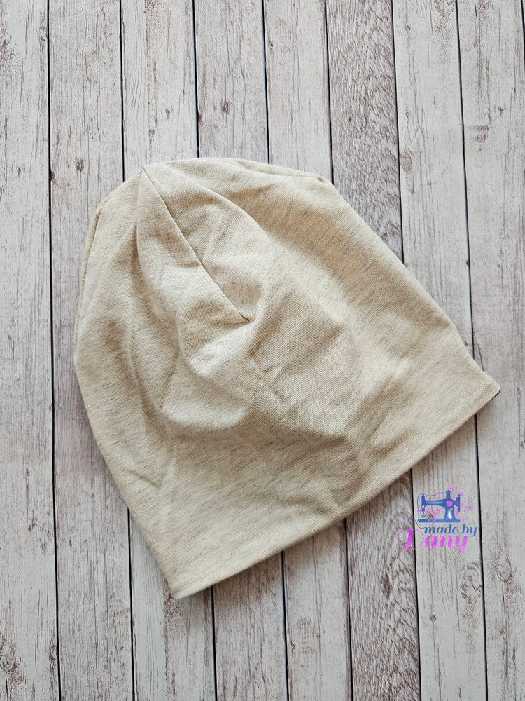 Wendebeanie Panter blau, sand mit goldigen Fäden ca. 48 cm