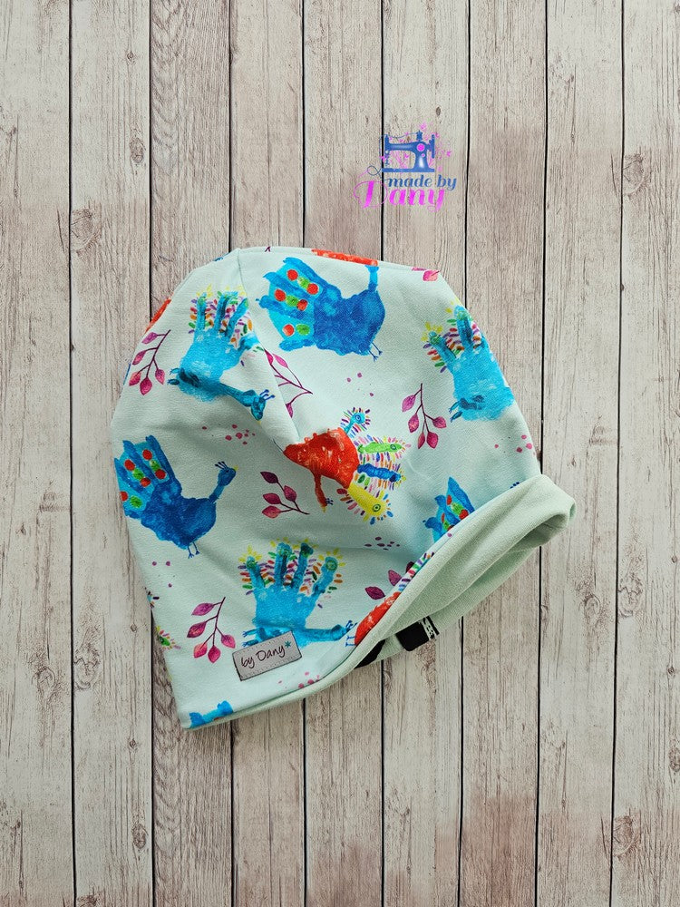 Wendebeanie Hand Pfau hellblau, Big Dots hellmint ca. 50 cm