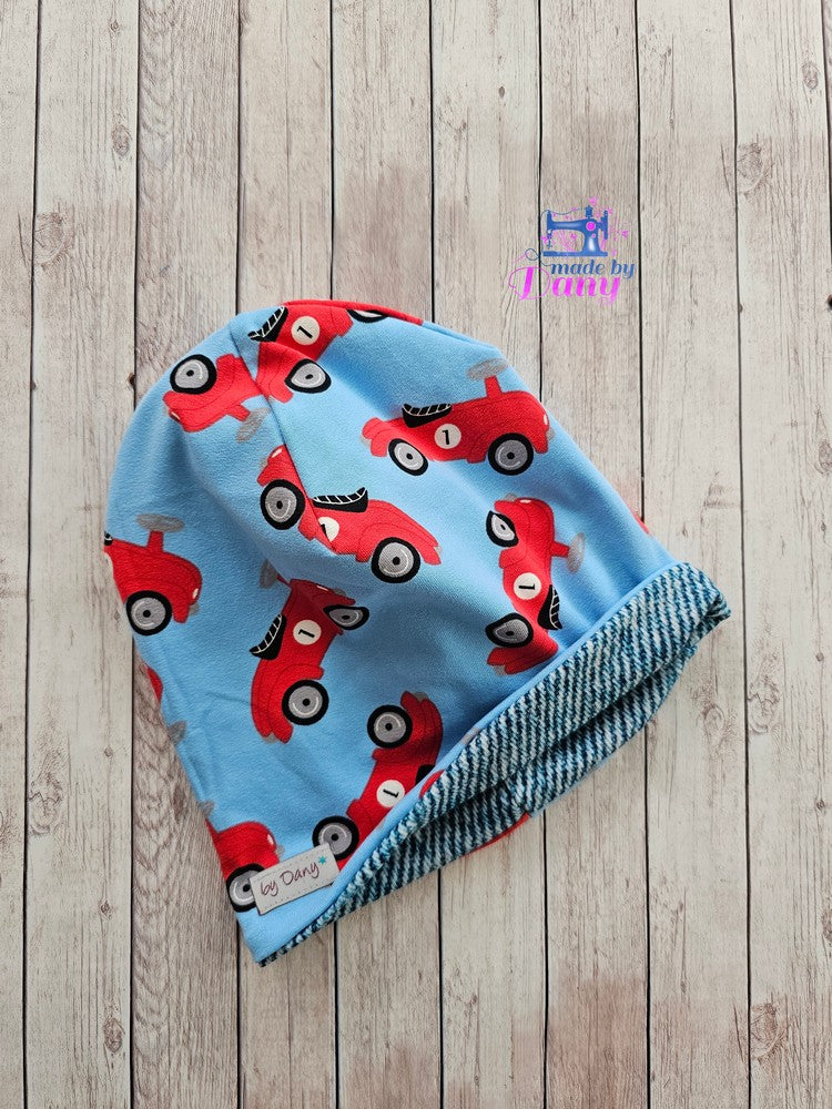 Wendebeanie Rennauto hellblau, Jeansoptik blau ca. 50 cm
