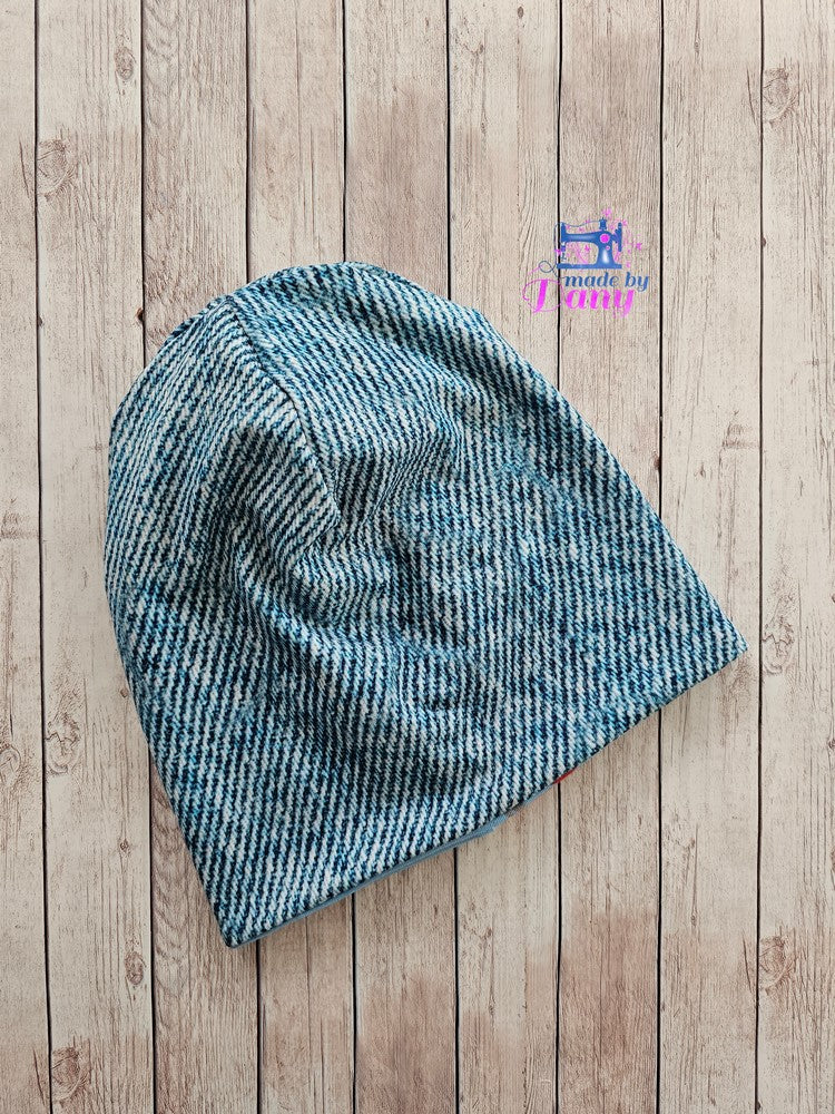 Wendebeanie Rennauto hellblau, Jeansoptik blau ca. 50 cm