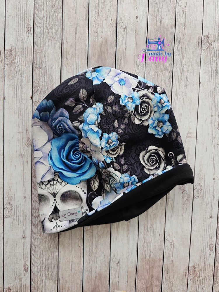 Wendebeanie Totenkopf mit Blumen, schwarz ca. 54 cm