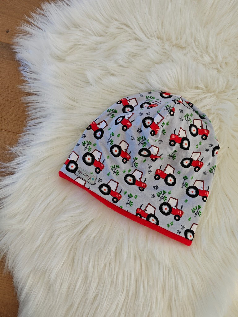 Beanie innen gefüttert rote Traktoren satingrau ca. 54 cm