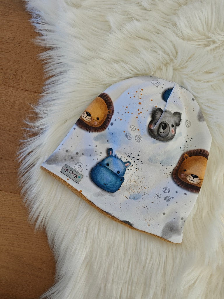 Beanie innen gefüttert Safari Tiere auf weiss ca. 52 cm