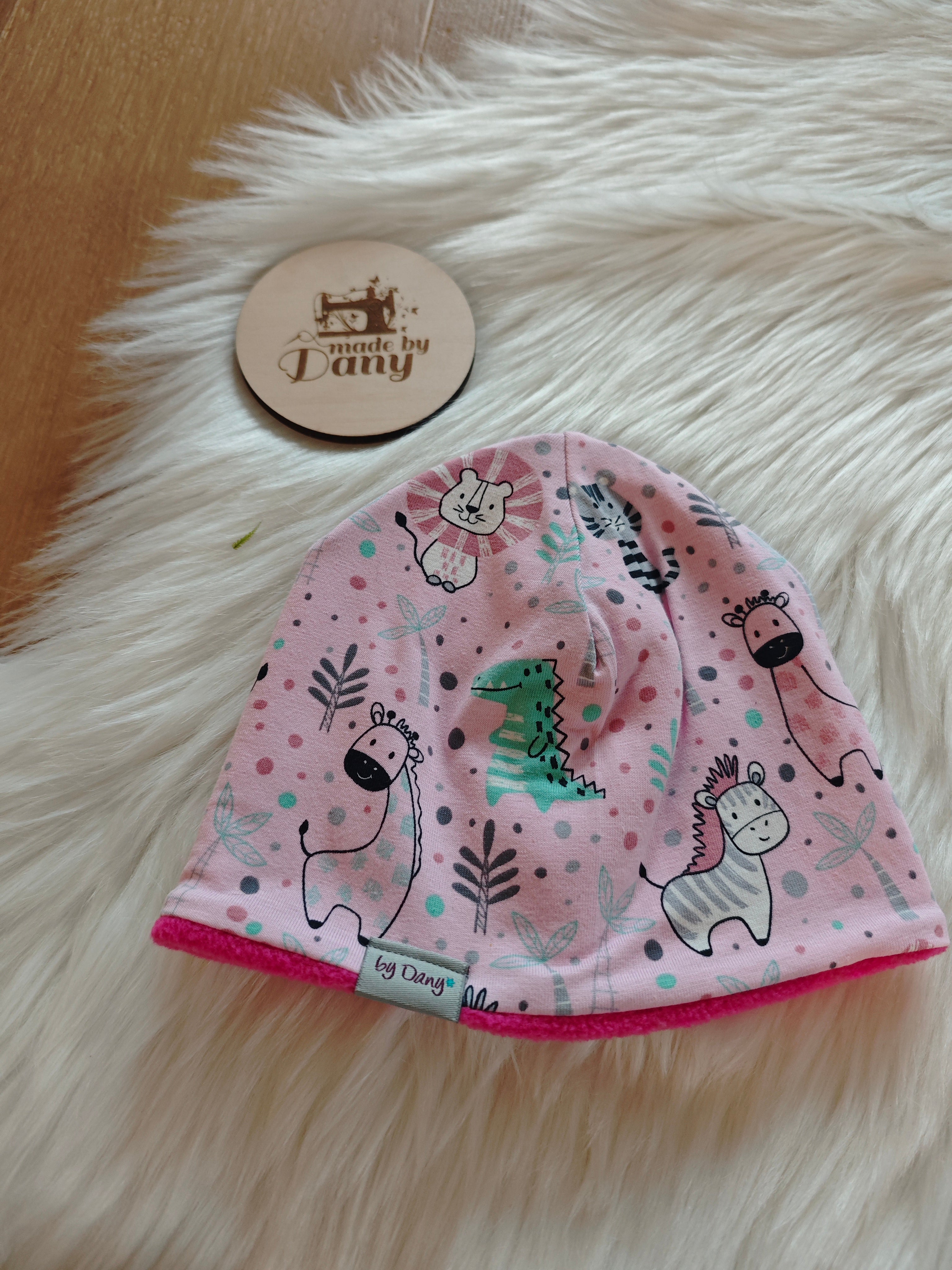 Mütze Jersey wilde Tiere rosa ca. 44-46 cm