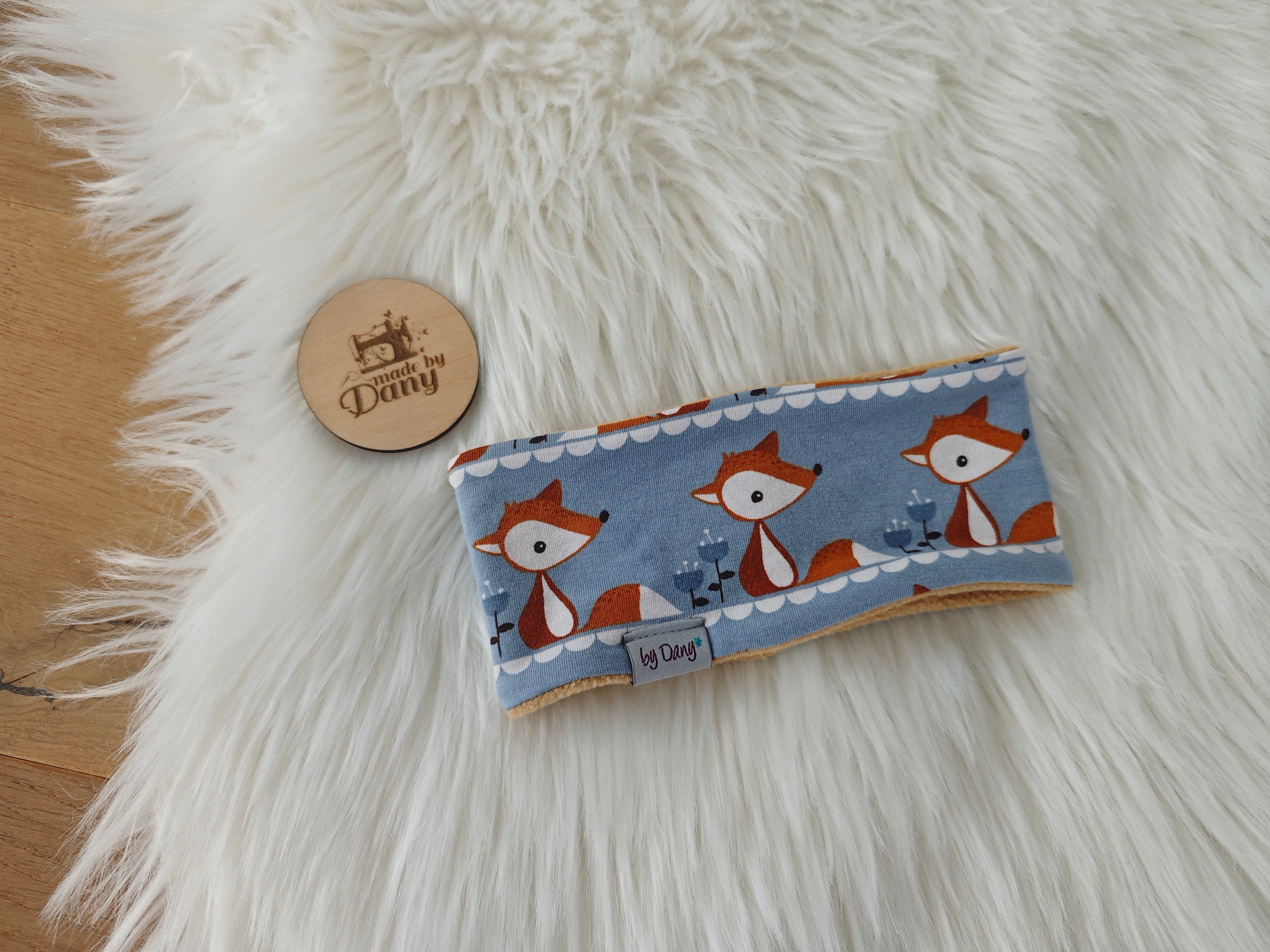 Stirnband Fuchs auf graublau, ocker ca. 41-42cm